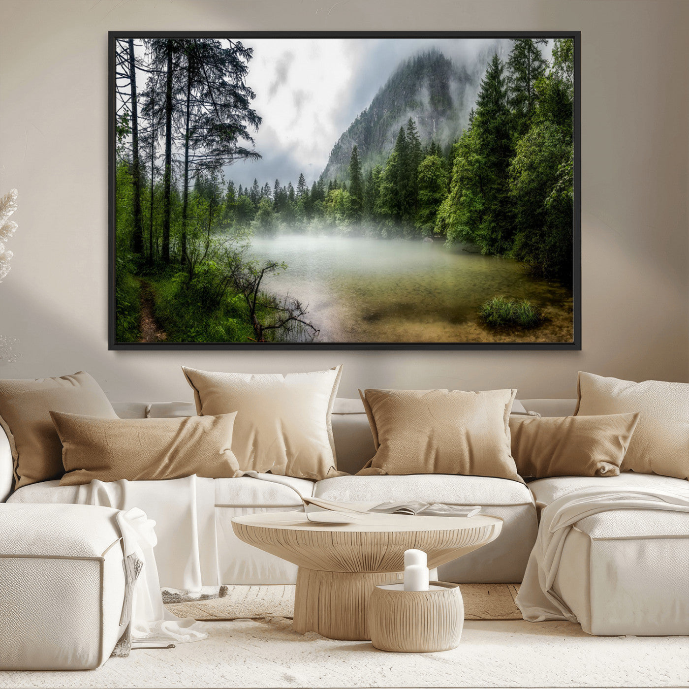 -Misty Lake Forest Green Trees Calm Water Reflection Mountain Fog Nature Landscape Outdoor Scenic