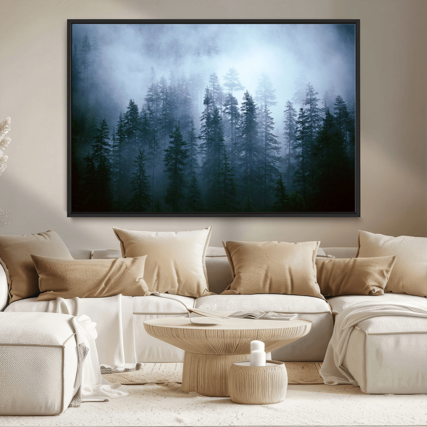 93439624-MGV-CV-36X24-Foggy Evergreen Pines Mist Forest Blue Haze Moody Atmospheric Wilderness Nature Trees Scenic