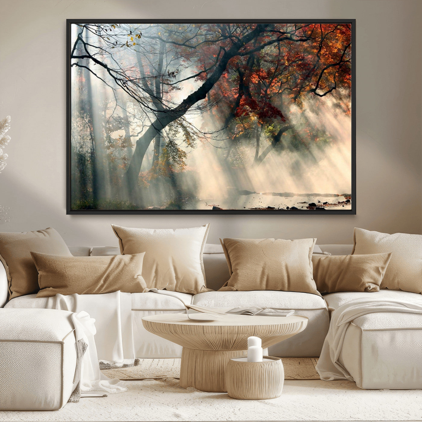 36043878-MGV-CV-36X24-Sunlit Autumn Forest Wall Art Canvas Print – Framed Mist Trees Scene with Peaceful Rays Artwork for Home, Office