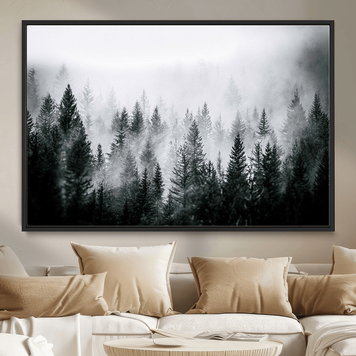 MGV-FC-36X24 - Foggy Pine Forest Canvas Wall Art, Horizontal Black and White Nature Landscape Print for Modern Home Decor