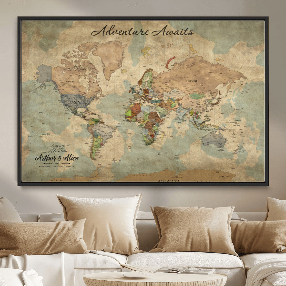 MGV-FC-36X24 - Personalized World Map Wall Art Canvas Print – Custom Push Pin Travel Map for Couples, Families, or Office Décor