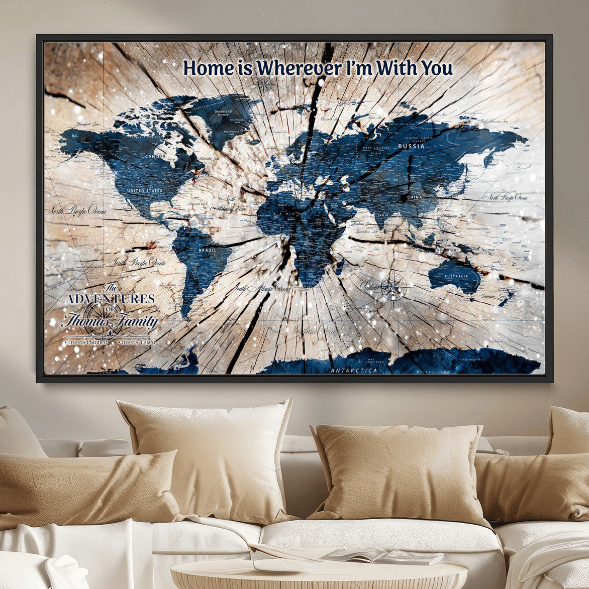 35694194-MGV-FC-36X24 - Personalized World Map Wall Art Canvas Print – Custom Push Pin Travel Map for Couples, Families, or Office Decor