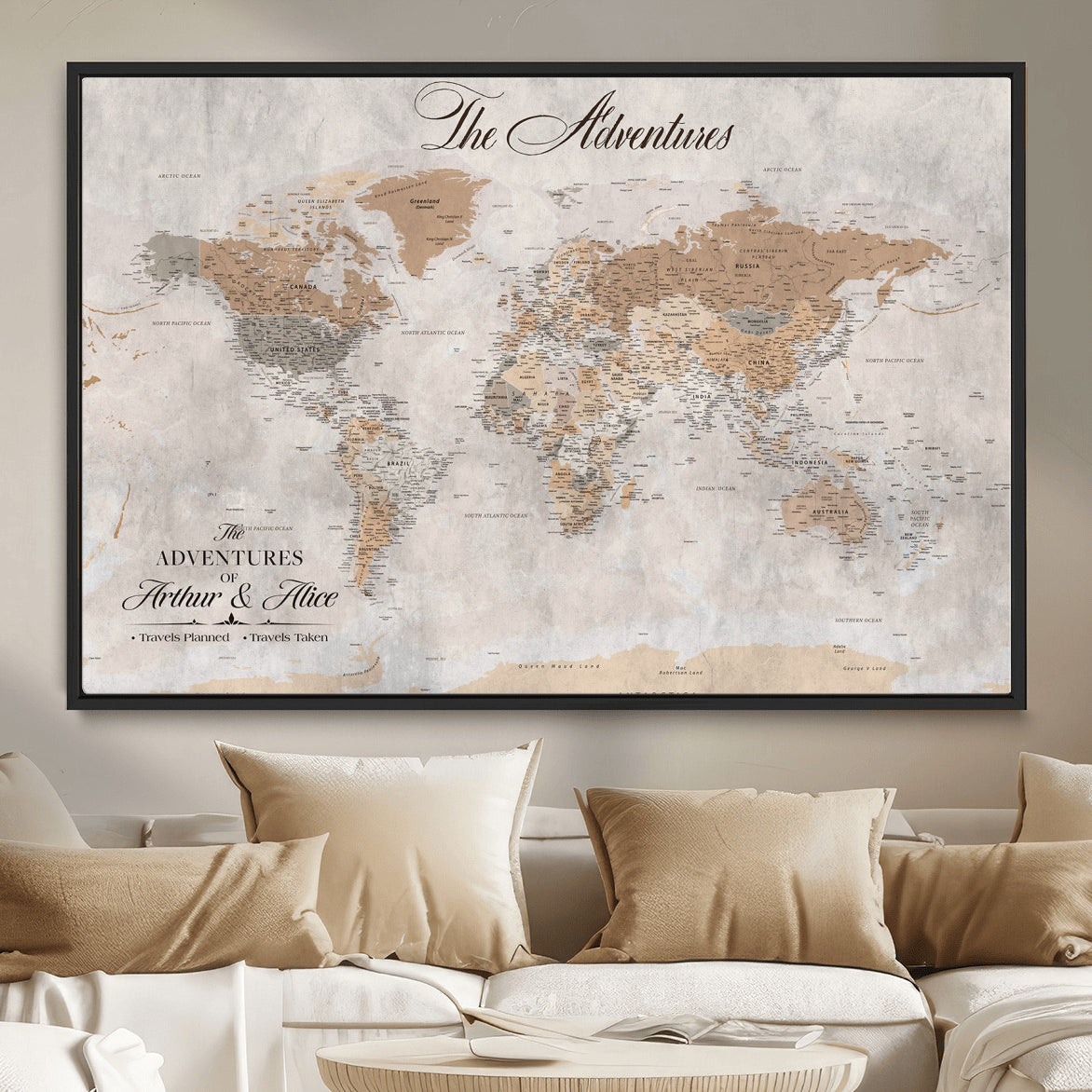 91774967-MGV-FC-36X24 - Personalized Push Pin World Map Canvas Print – Custom Framed Travel Tracker Artwork for Couples or Home Decor