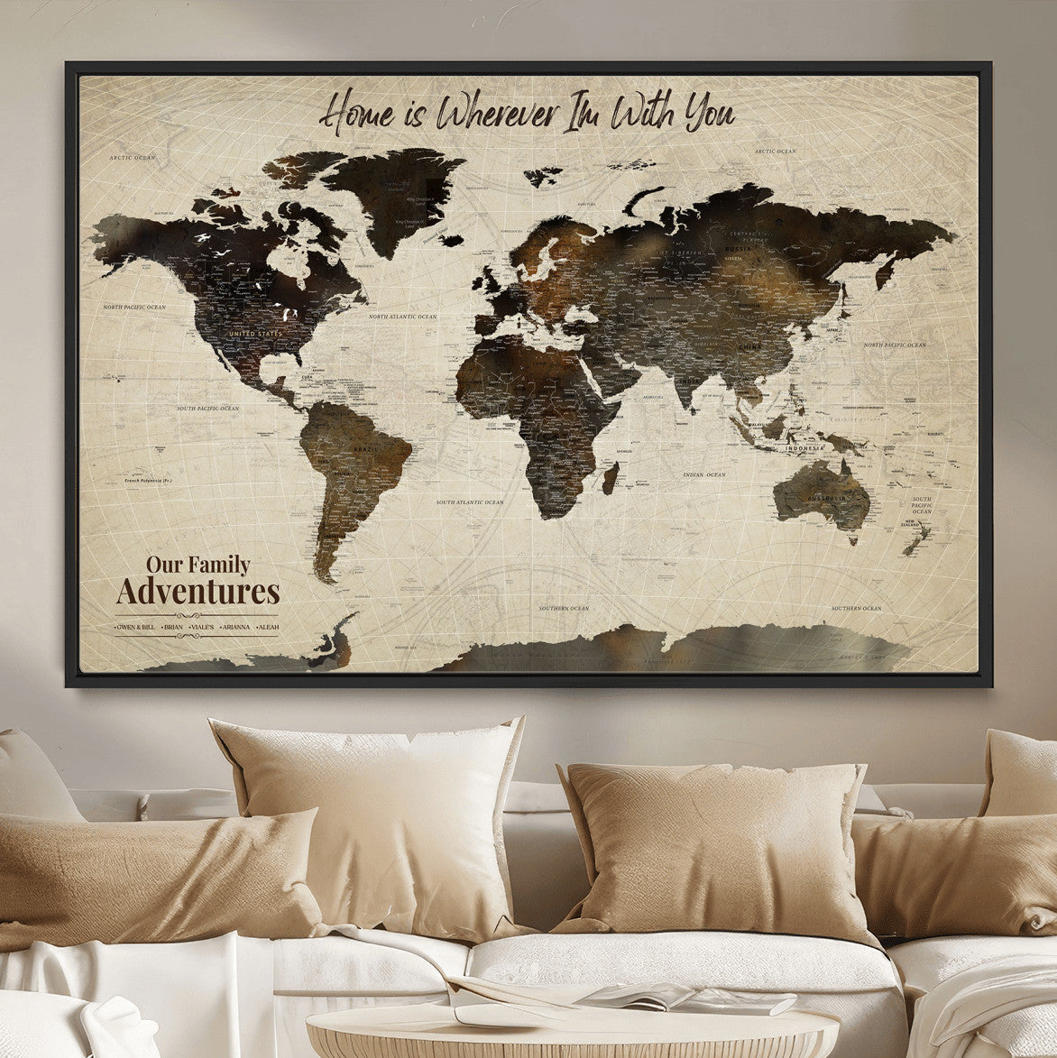 57979837-MGV-FC-36X24 - Personalized Push Pin World Map Canvas Print – Custom Framed Travel Tracker Wall Art Large Map Artwork for Home, Office