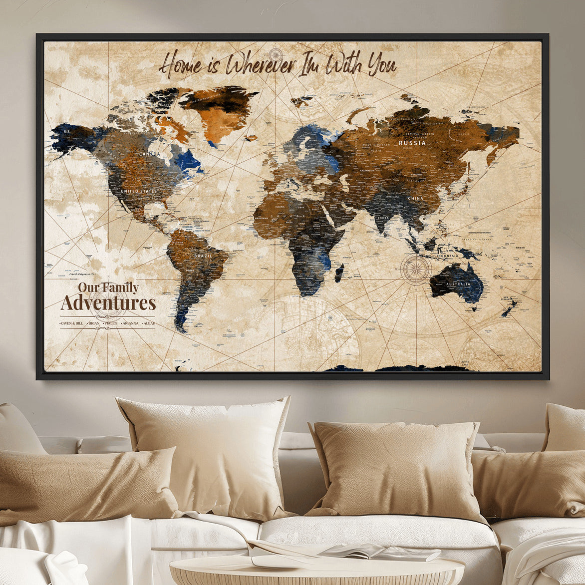 37709027-MGV-FC-36X24 - Customized Push Pin World Map Wall Art Canvas Print with Pins, Vintage Personalized Travel Tracker Map, Framed World Map for Living Room, Office and Home Decor