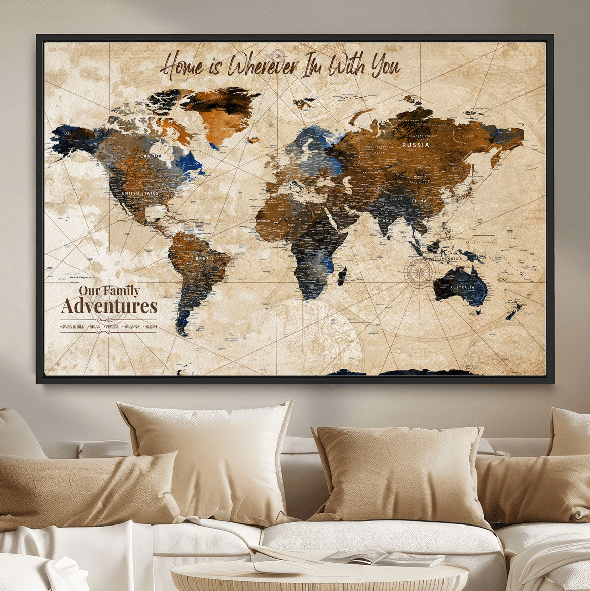 37709027-MGV-FC-36X24 - Customized Push Pin World Map Wall Art Canvas Print with Pins, Vintage Personalized Travel Tracker Map, Framed World Map for Living Room, Office and Home Decor