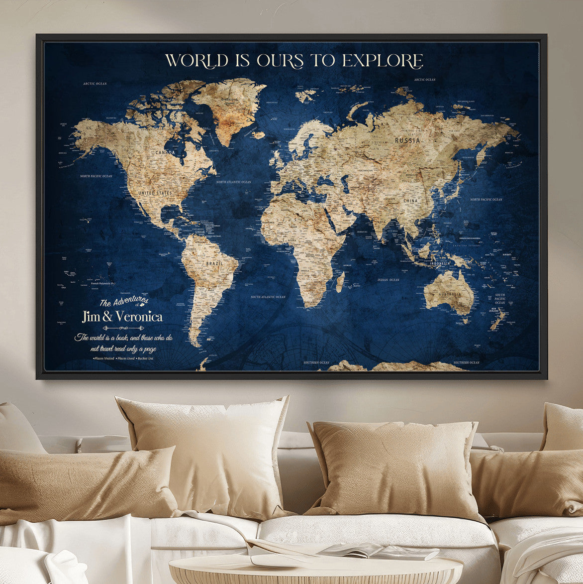 33364828-MGV-FC-36X24 - Personalized World Map Wall Art – Custom Framed Push Pin Travel Tracker Canvas Print Unique Gift for Home, Office