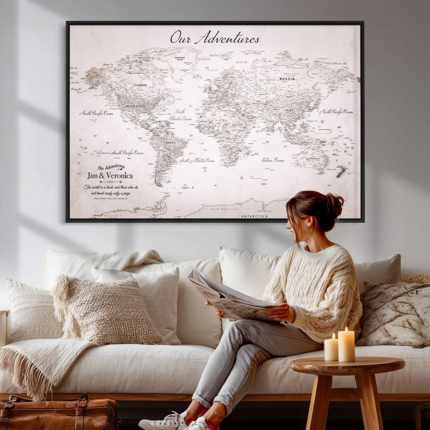 55881143-MGV-FC-36X24 - Personalized Push Pin World Map Wall Art Canvas Print with Pins – Customize Travel Tracker Map for Home and Office Décor