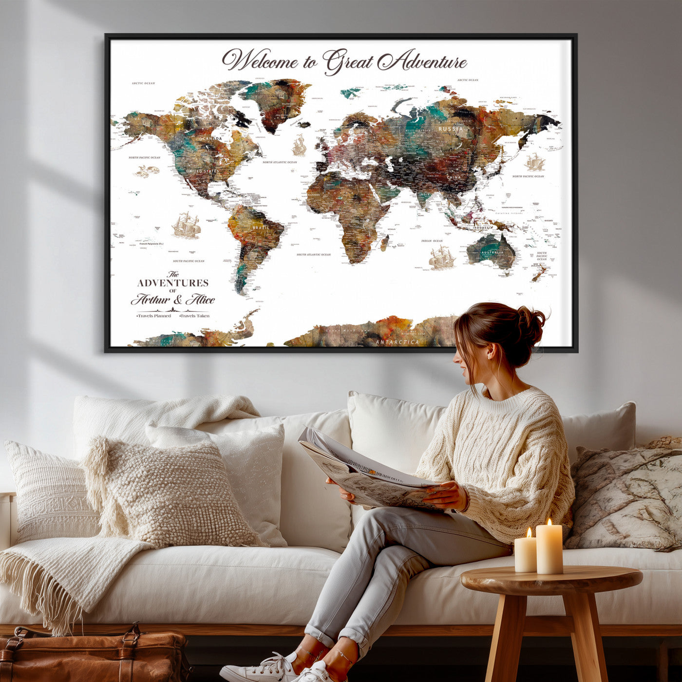 24221896-MGV-FC-36X24 - Personalized Push Pin World Map Wall Art Canvas Print with Pins – Customize Travel Tracker Map for Home and Office Décor