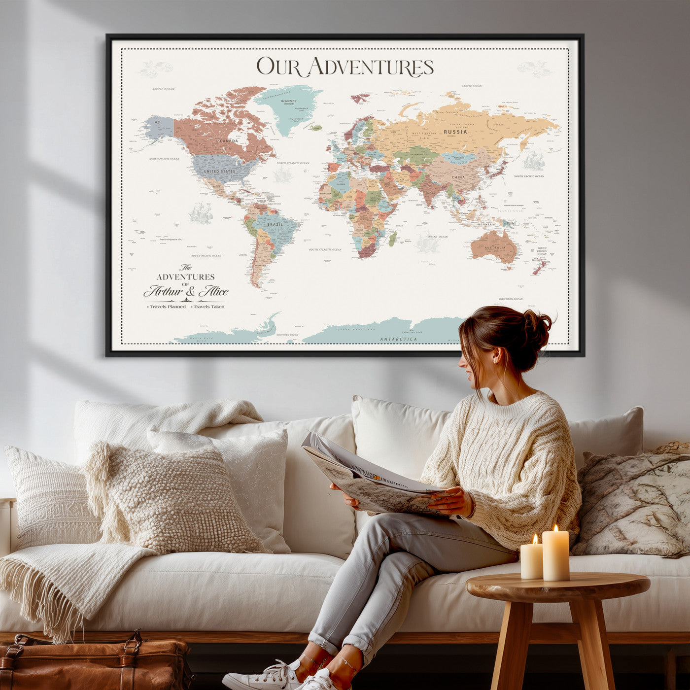 63033739-MGV-FC-36X24 - Personalized Push Pin World Map Wall Art Canvas Print with Pins – Customize Travel Tracker Map for Home and Office Décor