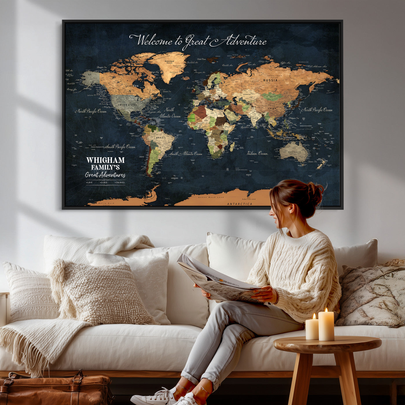 34398994-MGV-FC-36X24 - Personalized Push Pin World Map Wall Art Canvas Print with Pins – Customize Travel Tracker Map for Home and Office Décor