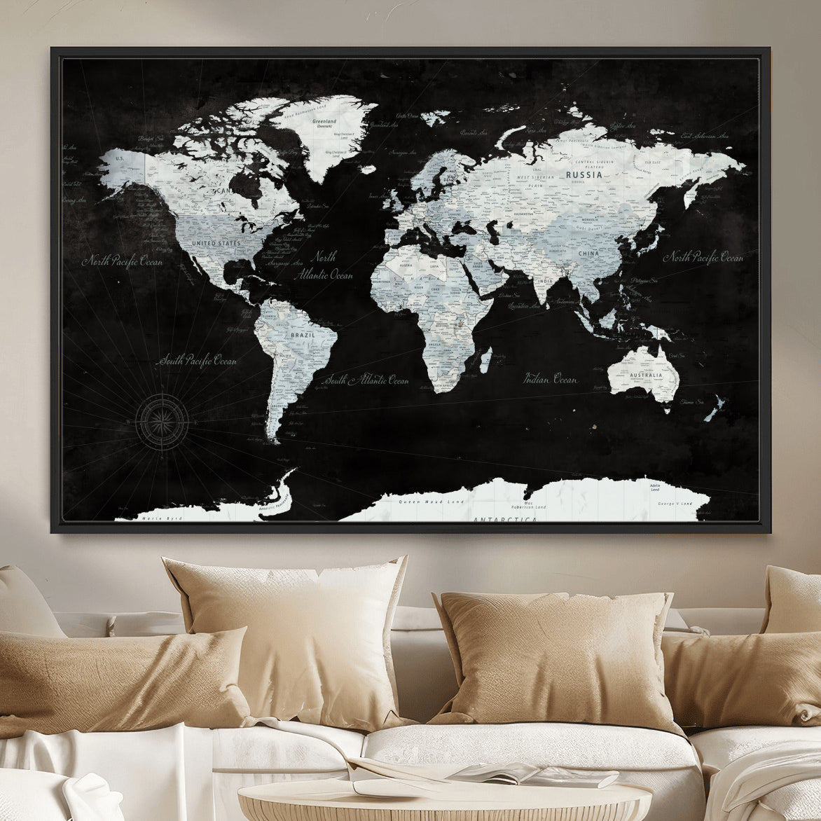 30759283-MGV-FC-36X24 - World Map Wall Art Canvas Print, Modern Decorative Framed Map Artwork Prints for Living Room, Office, Bedroom Wall Decor
