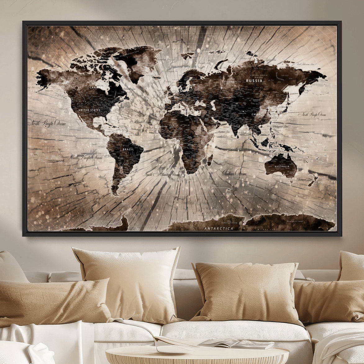 35326624-MGV-FC-36X24 - World Map Wall Art Canvas Print, Modern Decorative Framed Map Artwork Prints for Living Room, Office, Bedroom Wall Decor