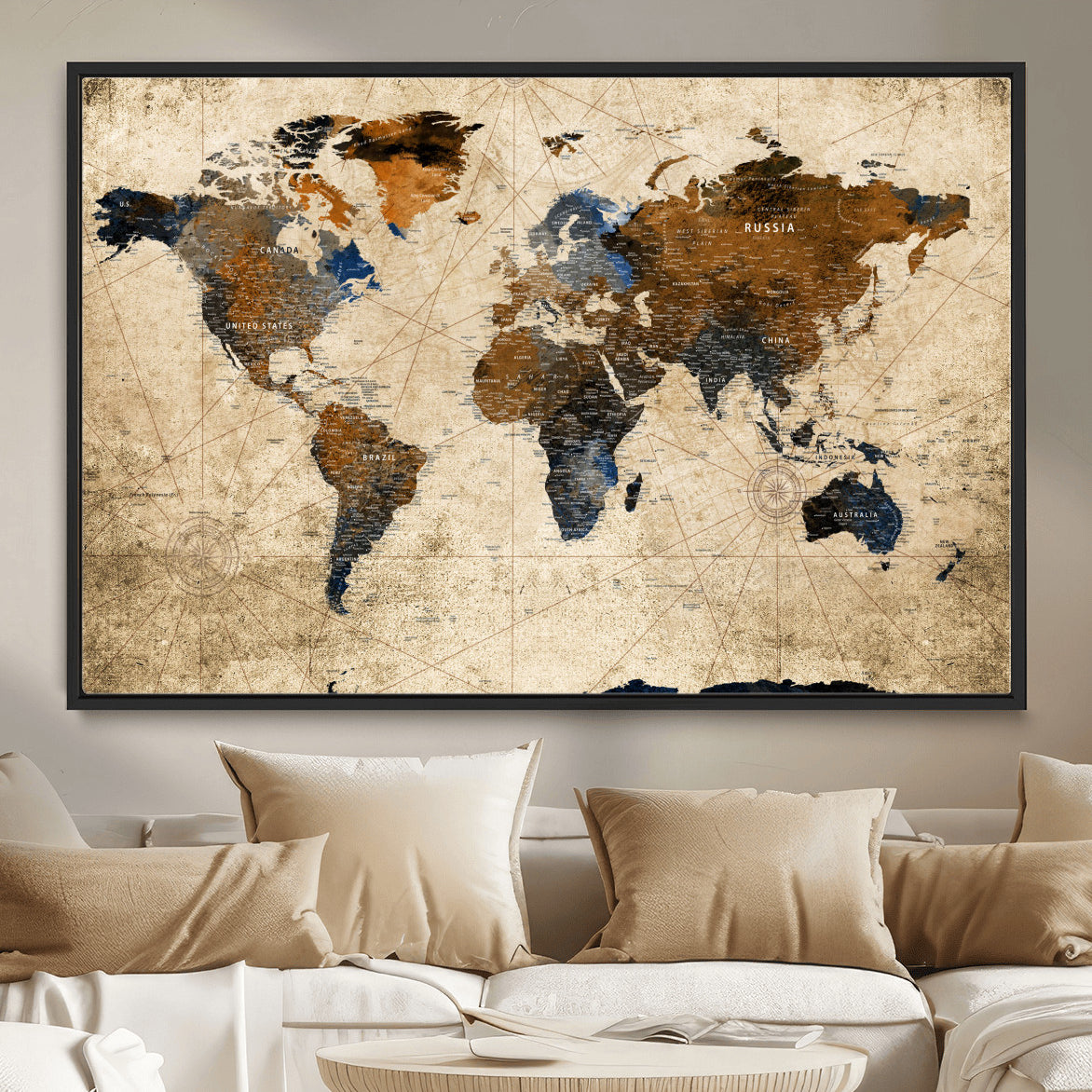 56297284-MGV-FC-36X24 - World Map Wall Art Canvas Print, Modern Decorative Framed Map Artwork Prints for Living Room, Office, Bedroom Wall Decor