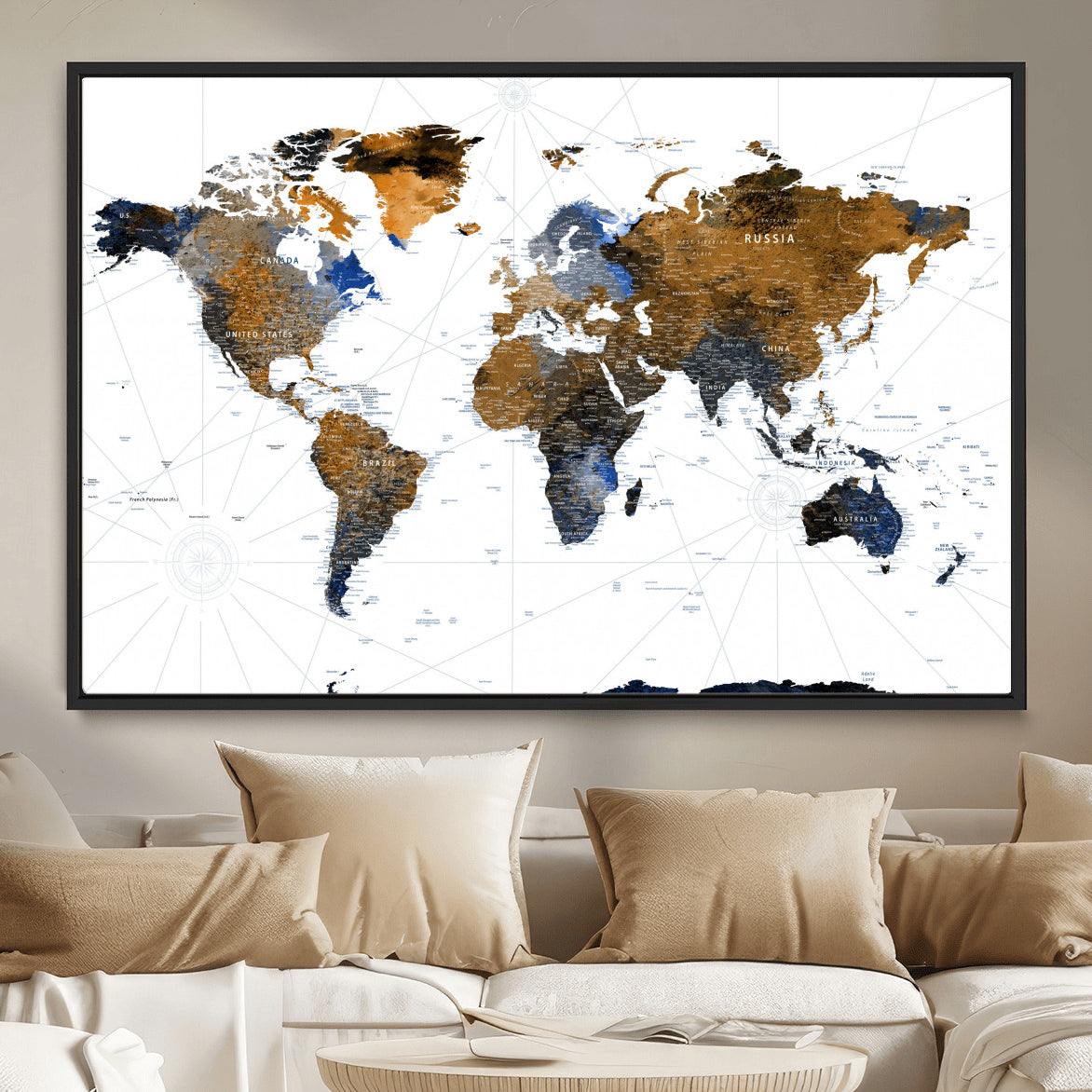 40862517-MGV-FC-36X24 - World Map Wall Art Canvas Print, Modern Decorative Framed Map Artwork Prints for Living Room, Office, Bedroom Wall Decor
