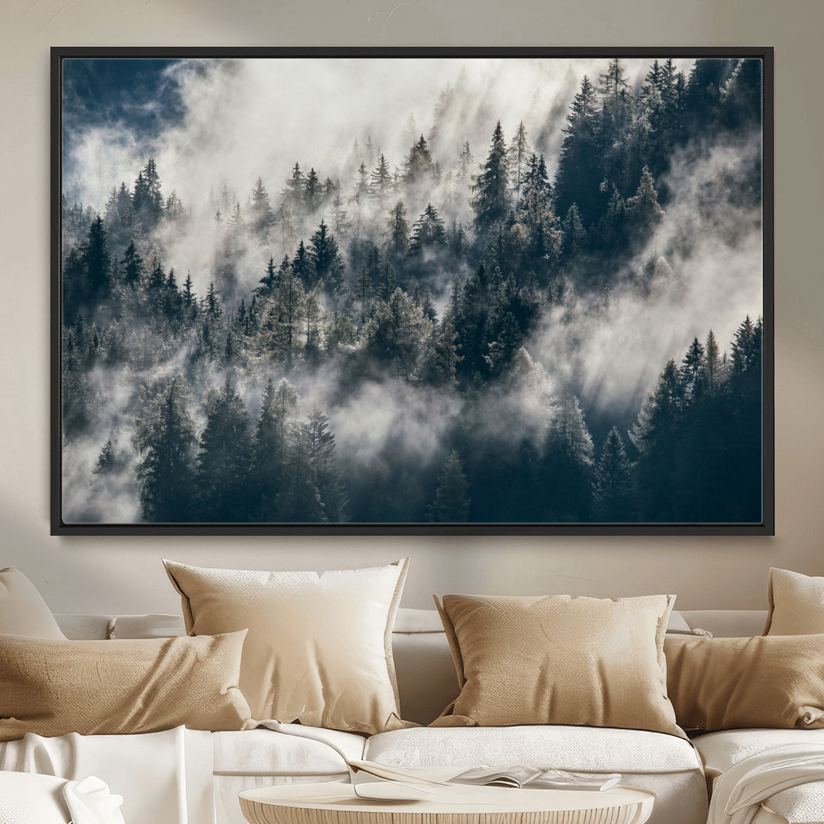 270372951-MGV-FC-36X24 - Misty Pine Forest Canvas Wall Art – Dark Forest Mountaing and Nature Landscape Print, Horizontal Canvas Print