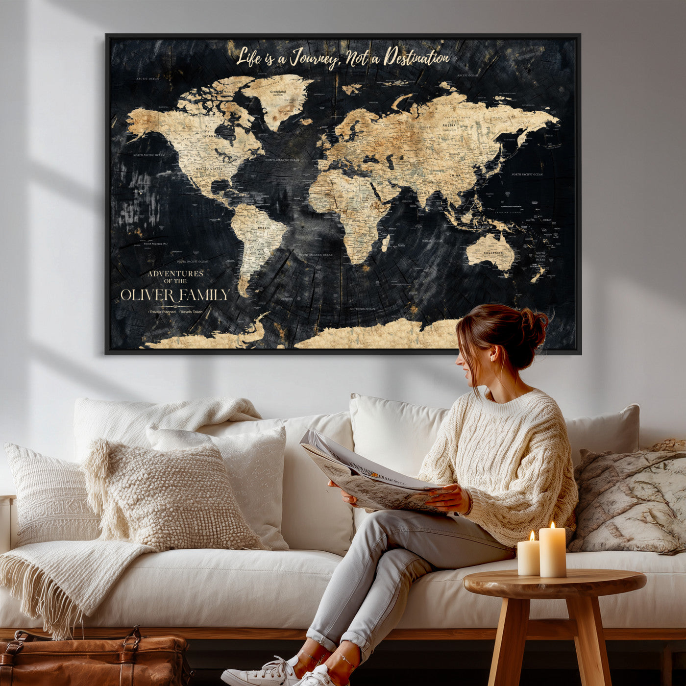 20317961-MGV-FC-36X24 - Customized Push Pin World Map Wall Art Canvas Print with Pins, Framed Personalize Travel Tracker Map, World Map for Living Room and Office Decor