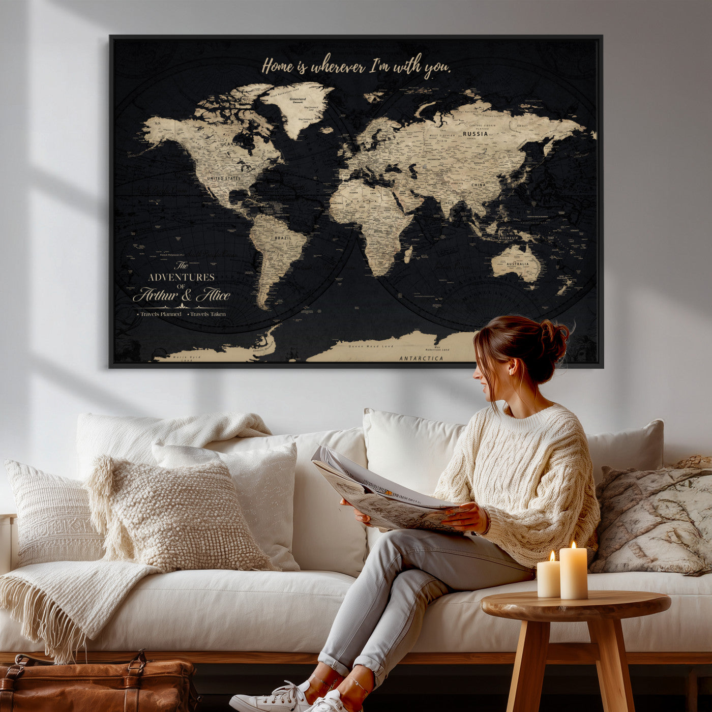 87955516-MGV-FC-36X24 - Customized Push Pin World Map Wall Art Canvas Print with Pins, Framed Personalize Travel Tracker Map, World Map for Living Room and Office Decor