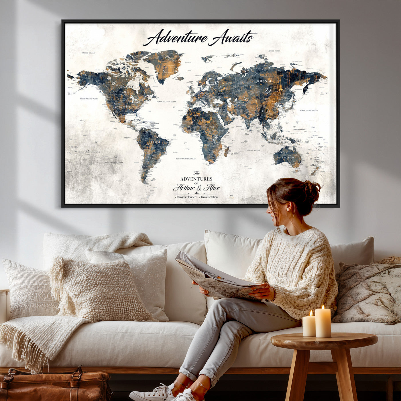 68986086-MGV-FC-36X24 - Customized Push Pin World Map Wall Art Canvas Print with Pins, Framed Personalize Travel Tracker Map, World Map for Office Decor