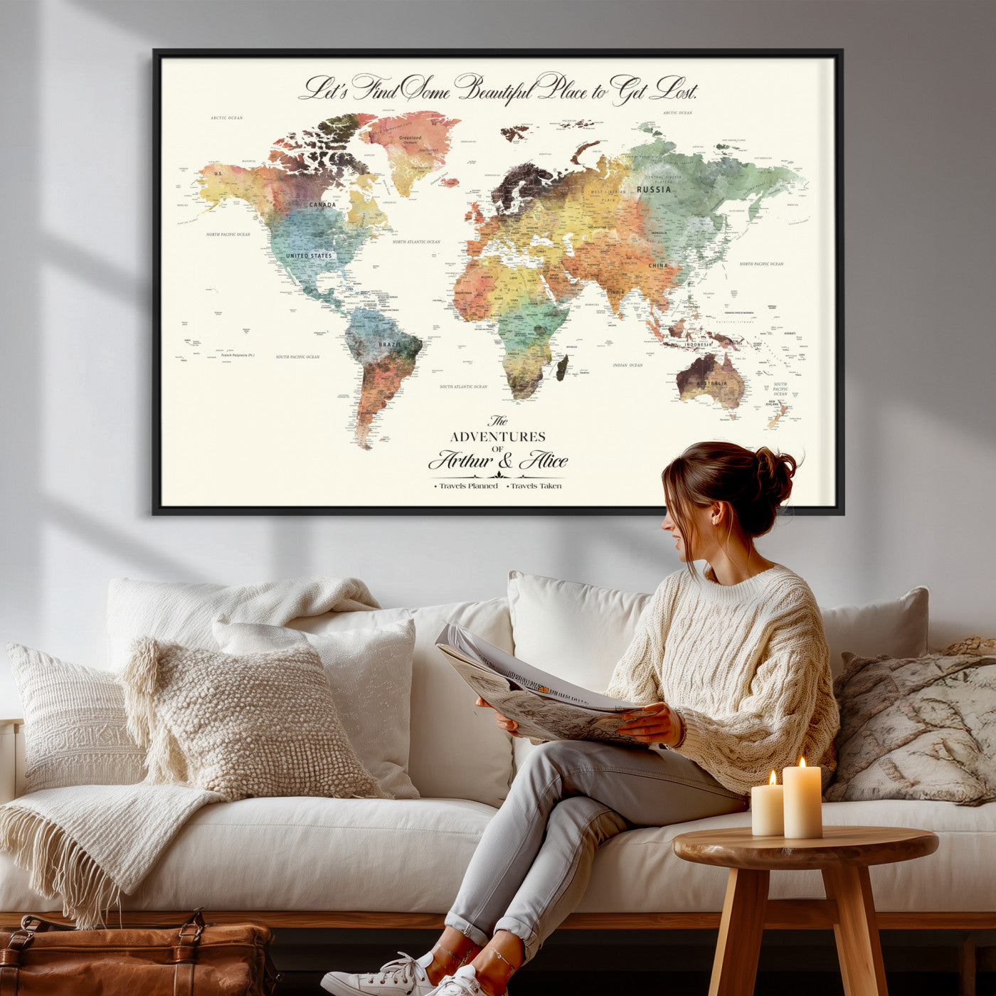 67119830-MGV-FC-36X24 - Customized Push Pin World Map Wall Art Canvas Print with Pins, Framed Personalize Travel Tracker Map, World Map for Living Room and Office Decor