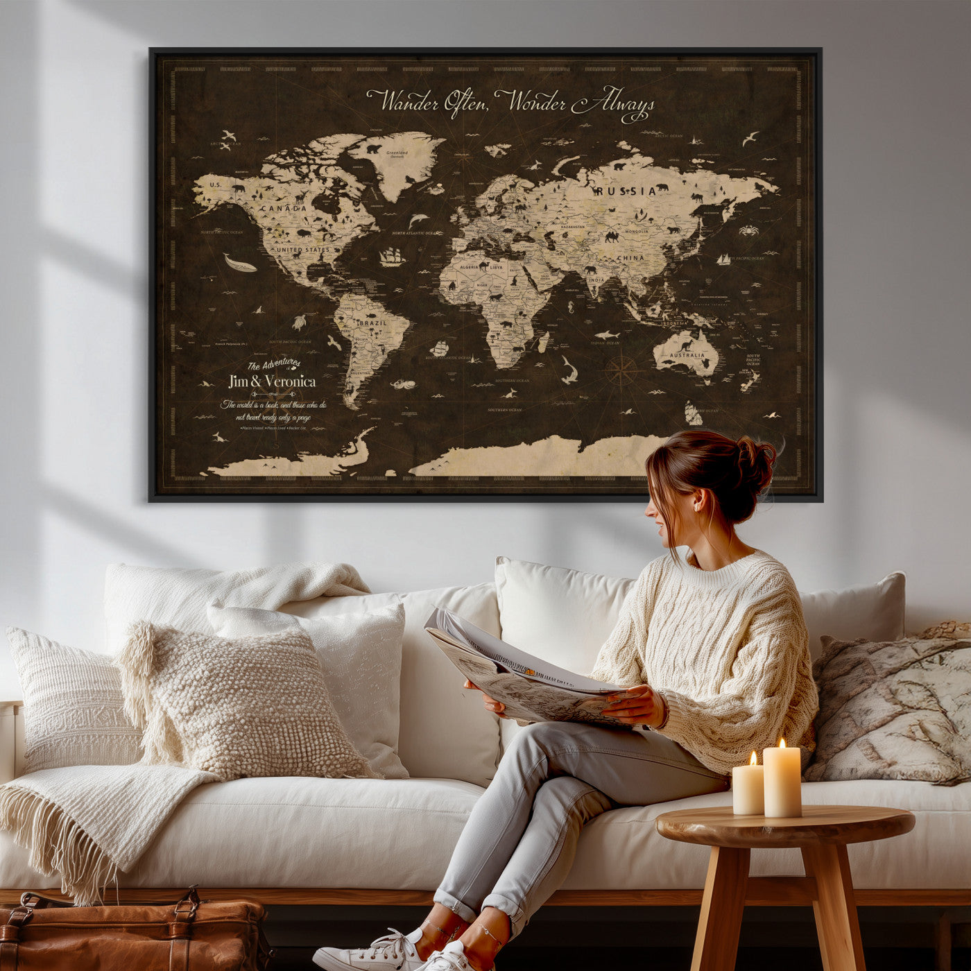 85776859-MGV-FC-36X24 - Personalize Push Pin World Map Wall Art Canvas Print with Pins, Framed Personalize Travel Tracker Map, World Map for Living Room and Office Decor