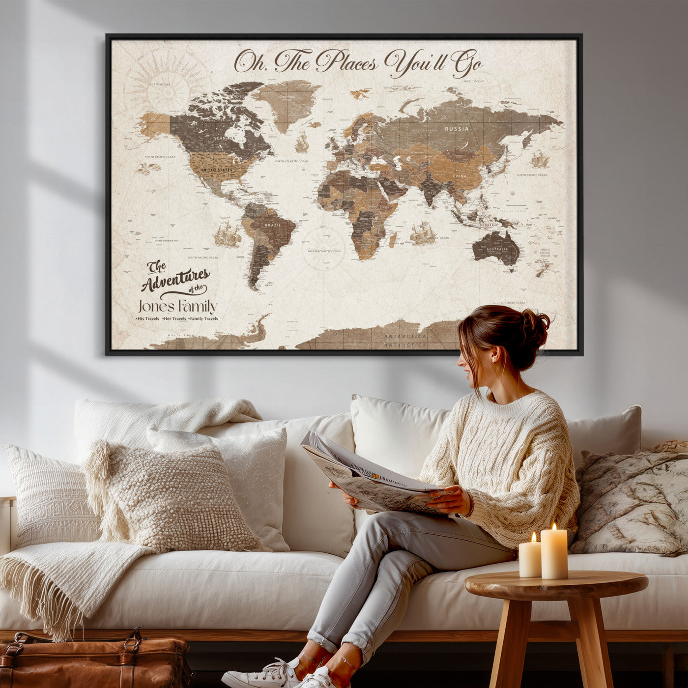 97885954-MGV-FC-36X24 - Customized Push Pin World Map Wall Art Canvas Print with Pins, Framed Personalize Travel Tracker Map, World Map for Living Room and Office Decor