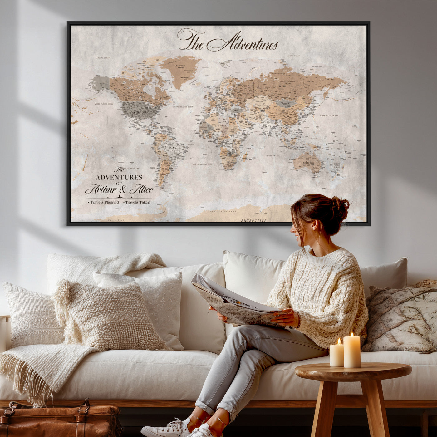 85771580-MGV-FC-36X24 - Custom Push Pin World Map Wall Art Canvas Print with Pins, Framed Personalize Travel Tracker Map, World Map for Living Room and Office Decor