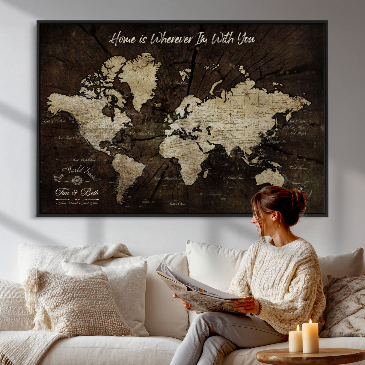 57852913-MGV-FC-36X24 - Customized Push Pin World Map Wall Art Canvas Print with Pins, Framed Personalize Travel Tracker Map, World Map for Living Room and Office Decor