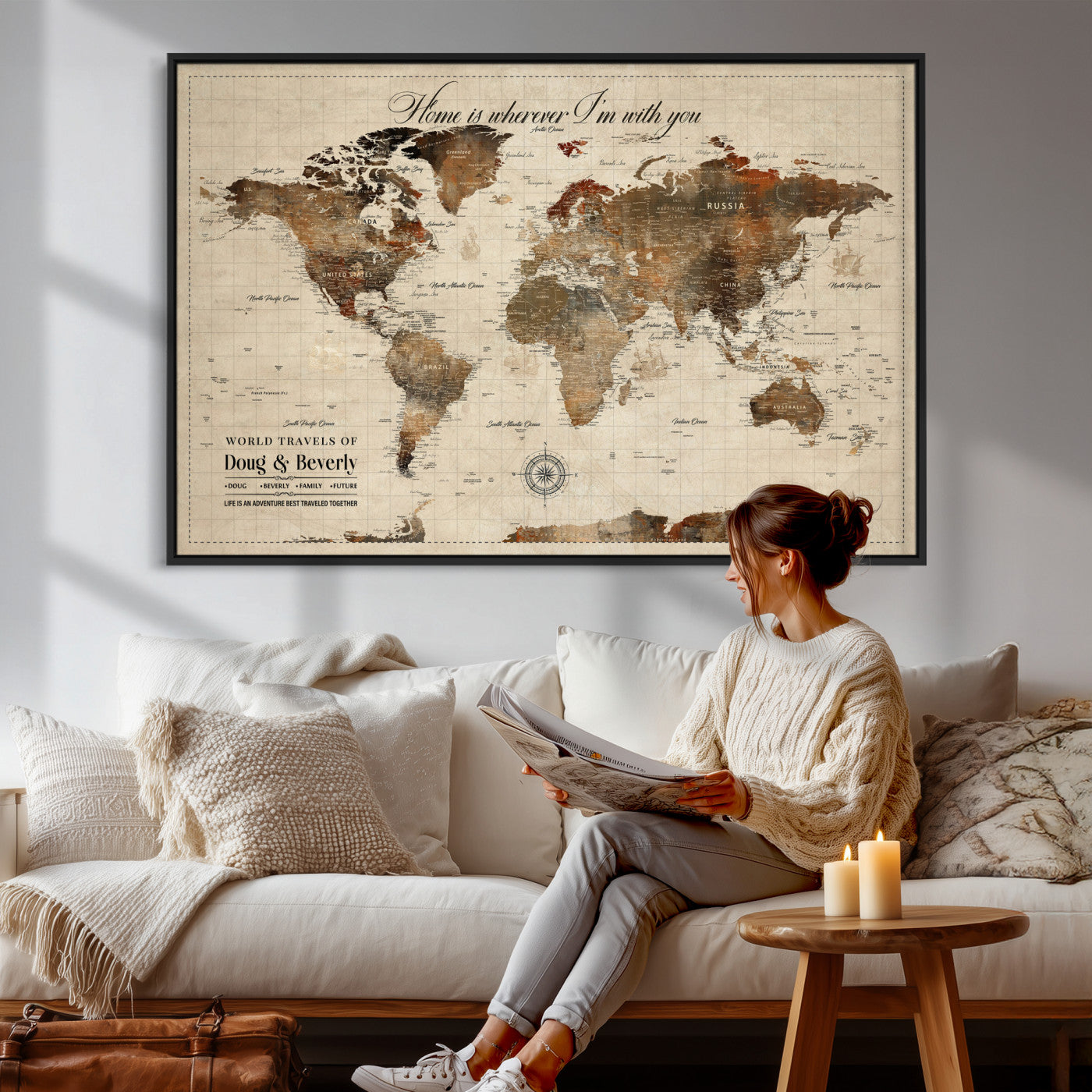 94399474-MGV-CV-36X24 - Custom Push Pin World Map Wall Art Canvas Print – Personalized Travel Tracker with Pins Framed Large for Home and Office Decor