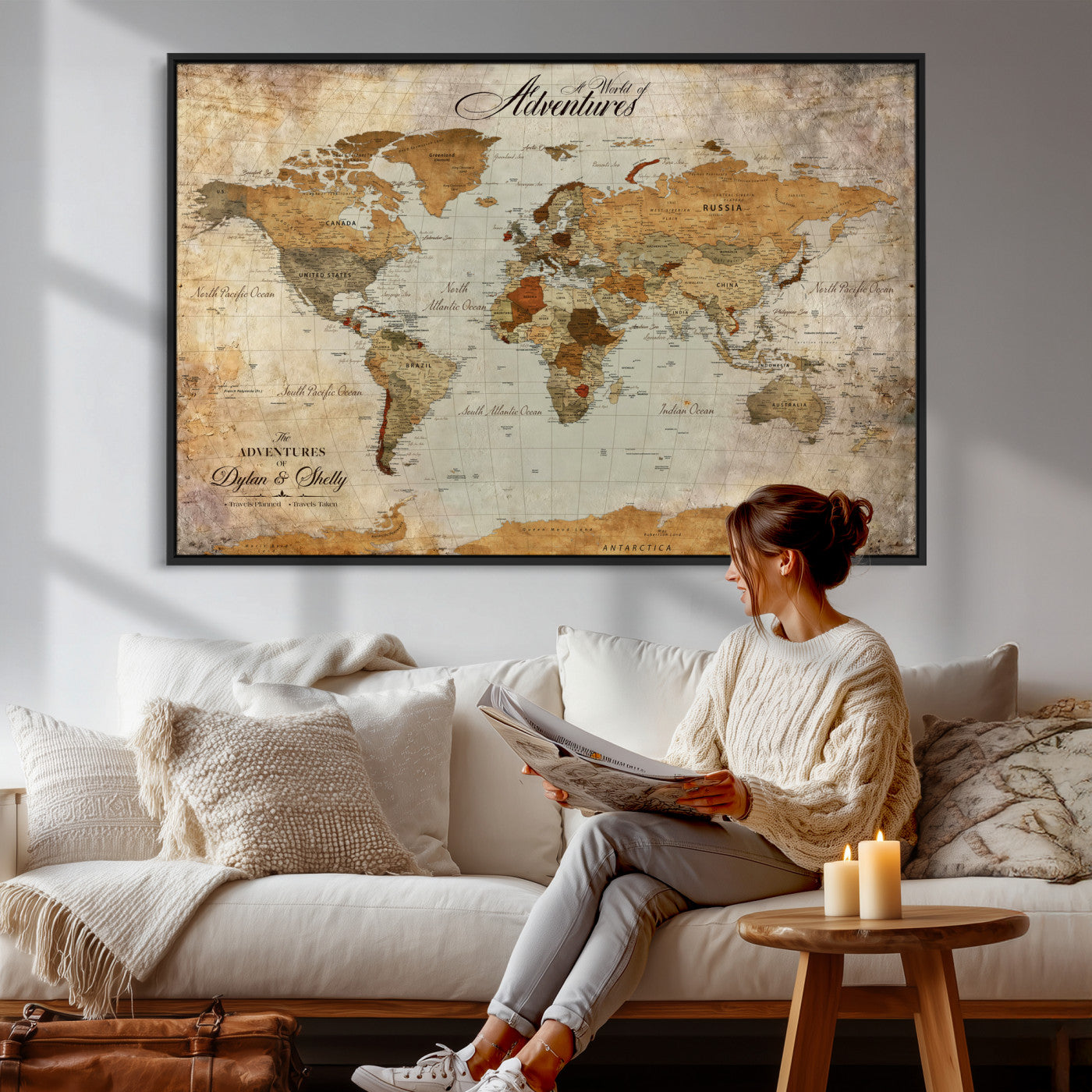 54461872-MGV-CV-36X24 - Custom Push Pin World Map Wall Art Canvas Print - Personalized Travel Tracker with Pins Framed Large for Home and Office Decor
