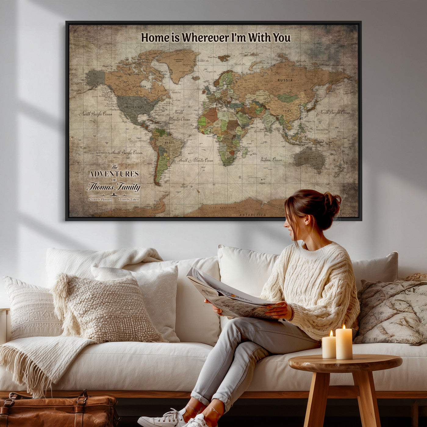 22593671-MGV-CV-36X24 - Custom Push Pin World Map Wall Art Canvas Print – Personalized Travel Tracker with Pins Framed Large for Home and Office Decor