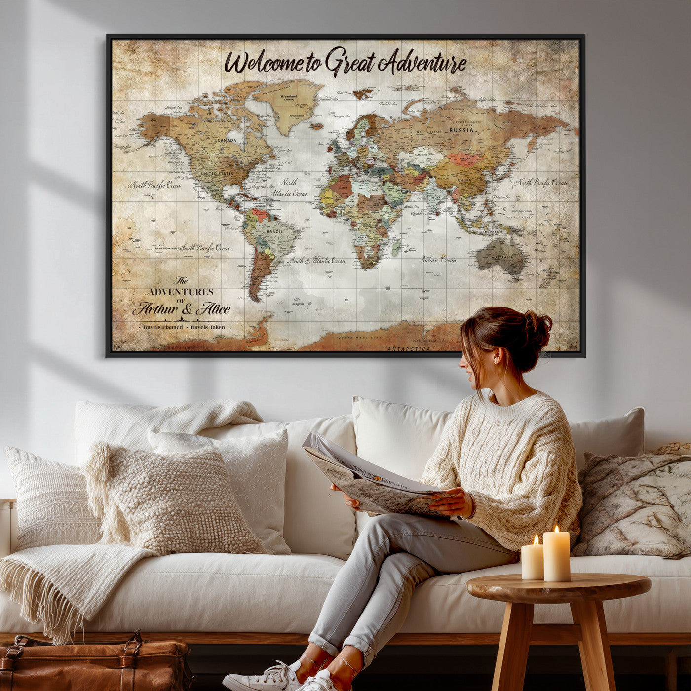 22906161-MGV-CV-36X24 - Custom Push Pin World Map Wall Art Canvas Print – Personalized Travel Tracker with Pins Framed Large for Home and Office Decor