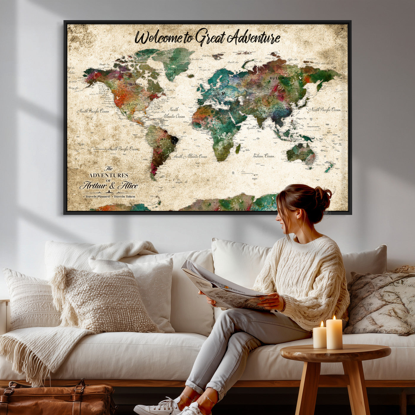89225601-MGV-CV-36X24 - Custom Push Pin World Map Wall Art Canvas Print – Personalized Travel Tracker with Pins Framed Large for Home and Office Decor