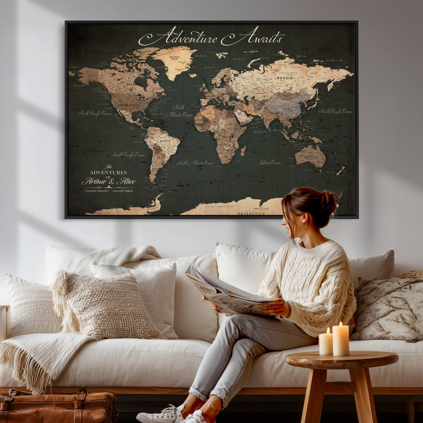 74987709-MGV-CV-36X24 - Custom Push Pin World Map Wall Art Canvas Print – Personalized Travel Tracker with Pins Framed Large for Home and Office Decor