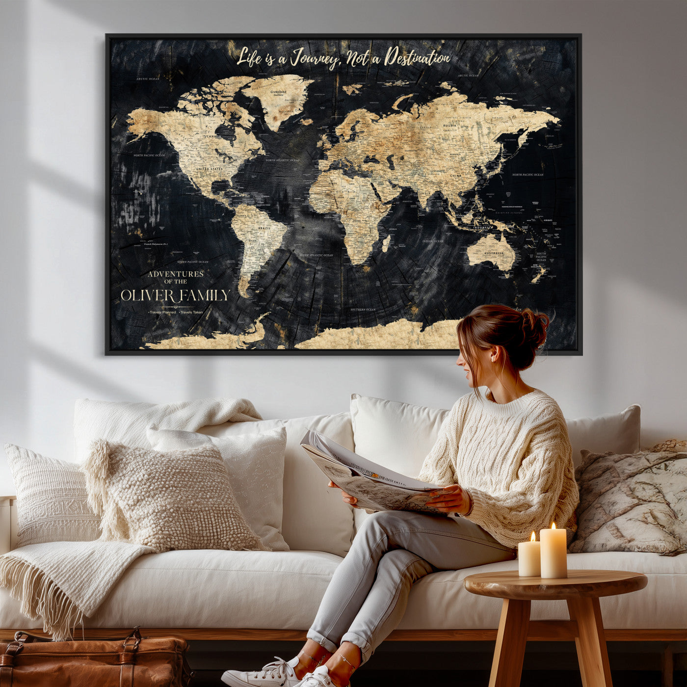 77472096-MGV-CV-36X24 - Custom Push Pin World Map Wall Art Canvas Print – Personalized Travel Tracker with Pins Framed Large for Home and Office Decor