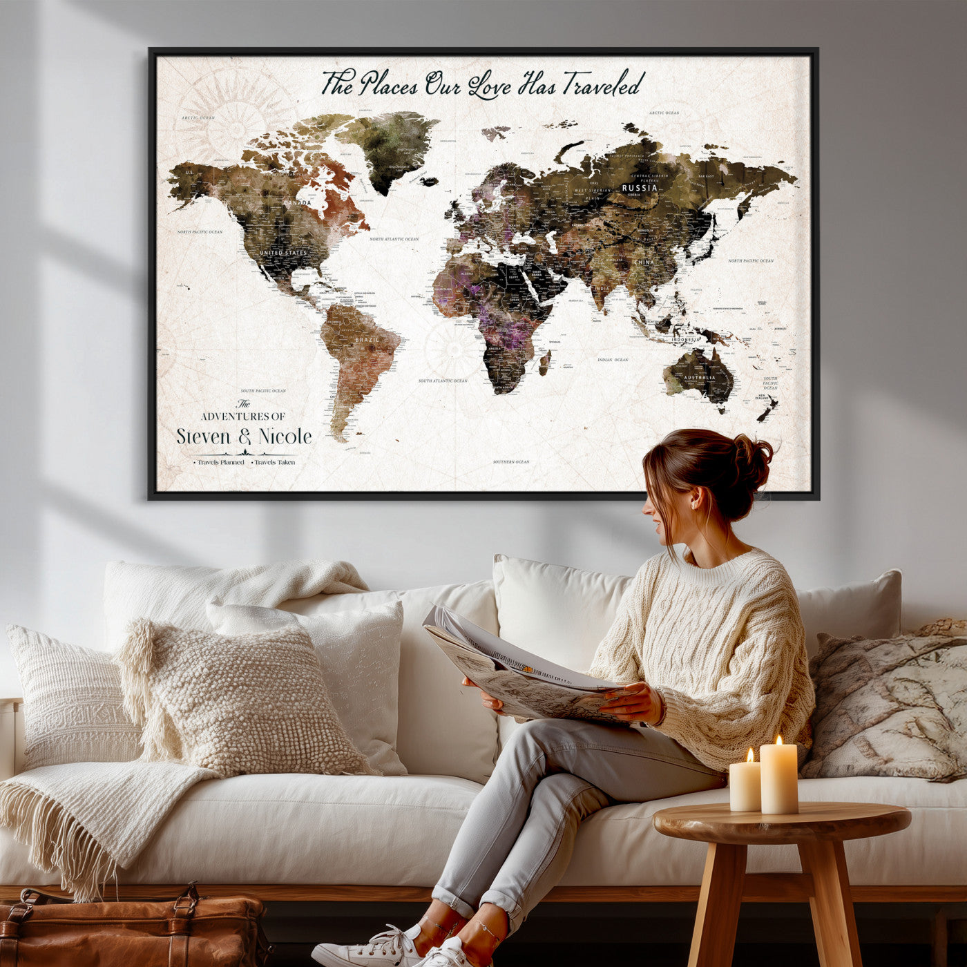 34345515-MGV-CV-36X24 - Custom Push Pin World Map Wall Art Canvas Print – Personalized Travel Tracker with Pins Framed Large for Home and Office Decor
