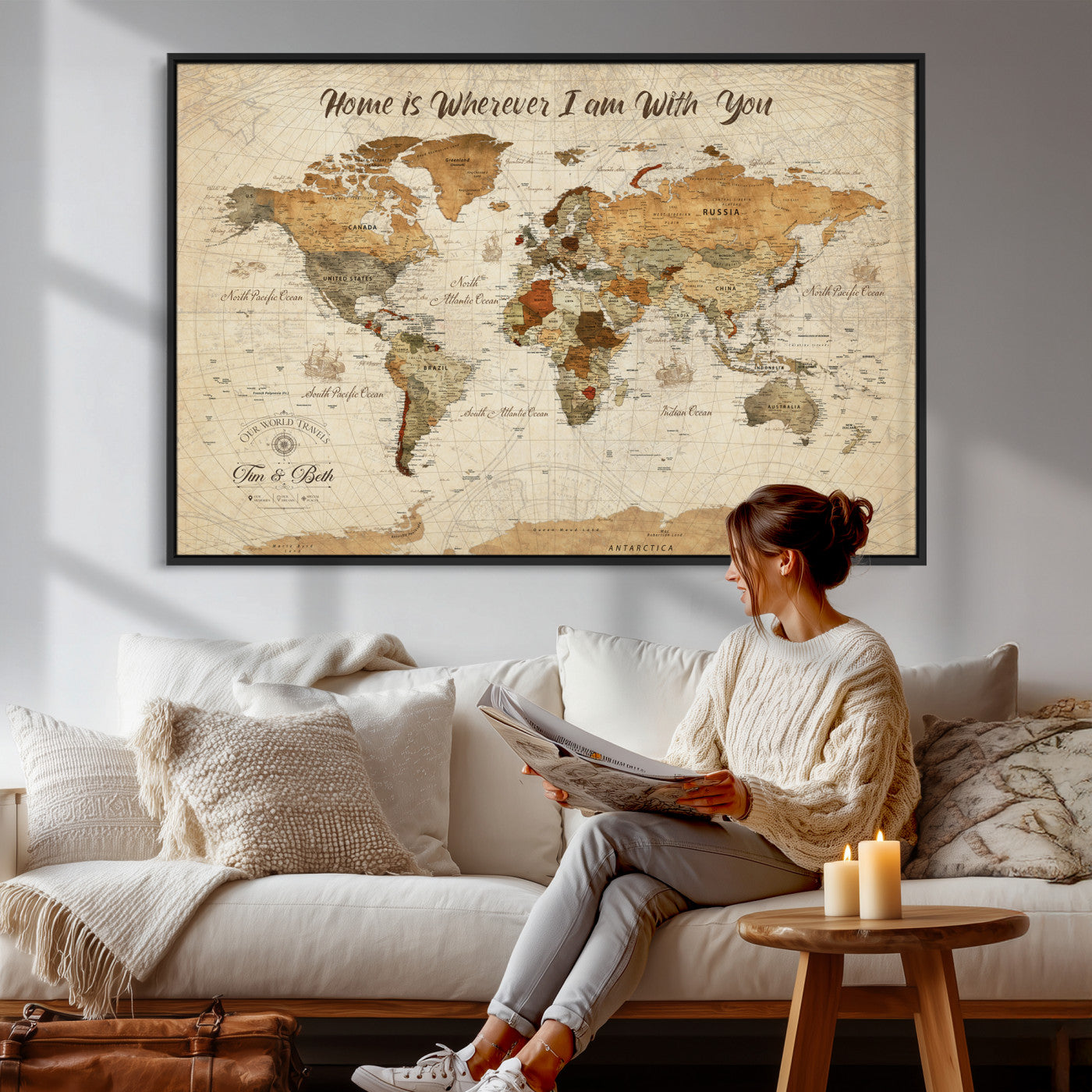 53710338-MGV-CV-36X24 - Custom Push Pin World Map Wall Art Canvas Print – Personalized Travel Tracker with Pins Framed Large for Home and Office Decor