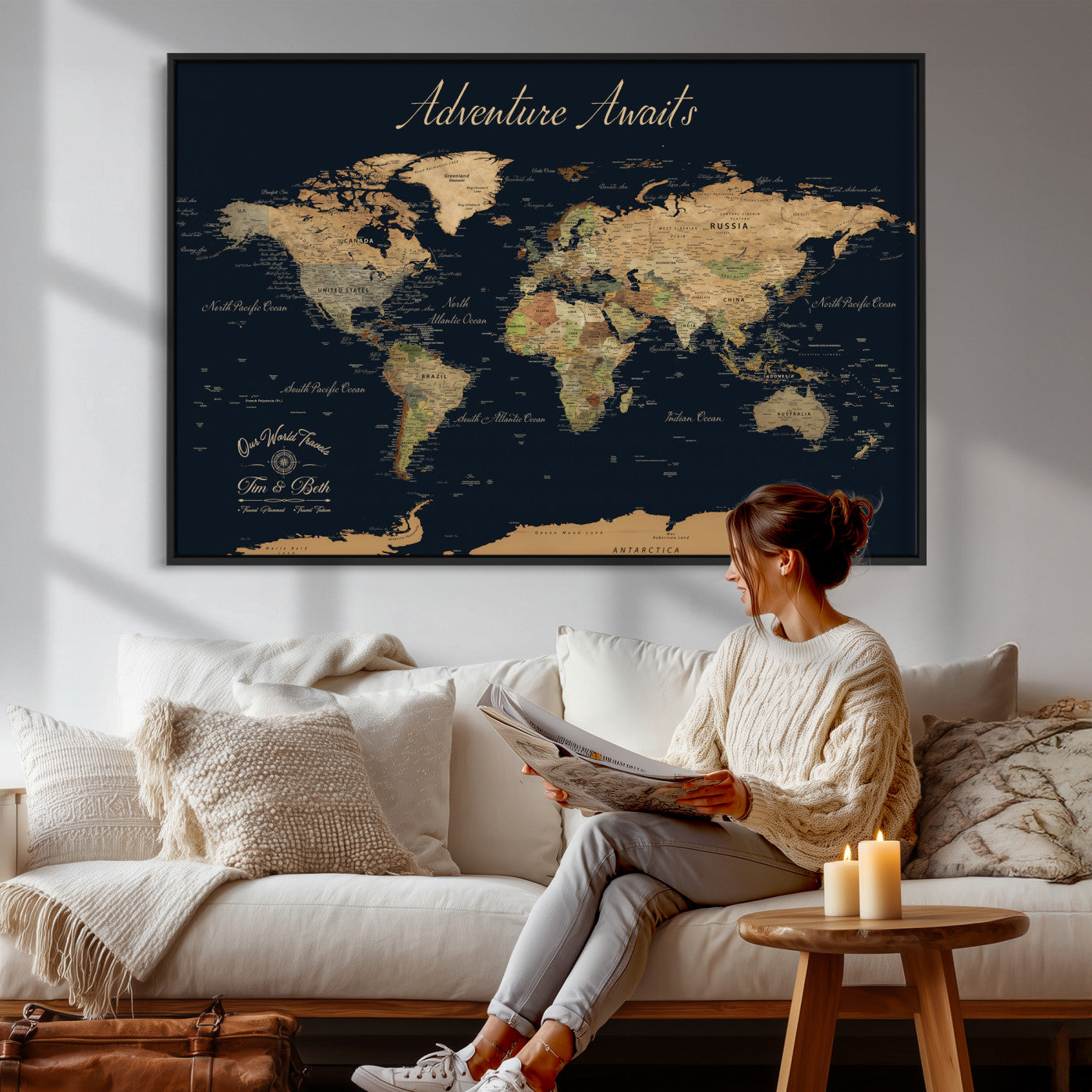 45739634-MGV-CV-36X24 - Custom Push Pin World Map Wall Art Canvas Print – Personalized Travel Tracker with Pins Framed Large for Home and Office Decor