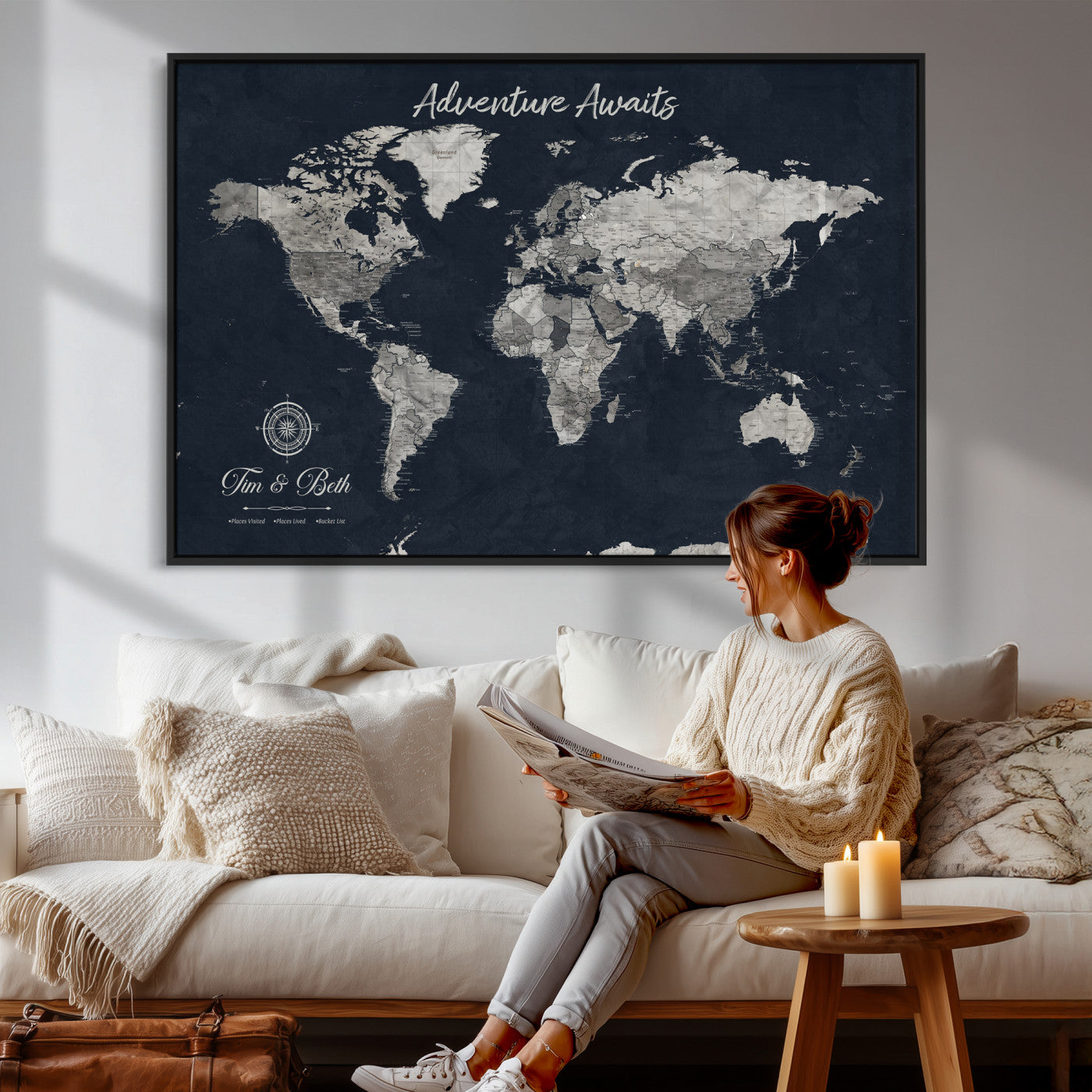 32031089-MGV-CV-36X24 - Custom Push Pin World Map Wall Art Canvas Print – Personalized Travel Tracker with Pins Framed Large for Home and Office Decor