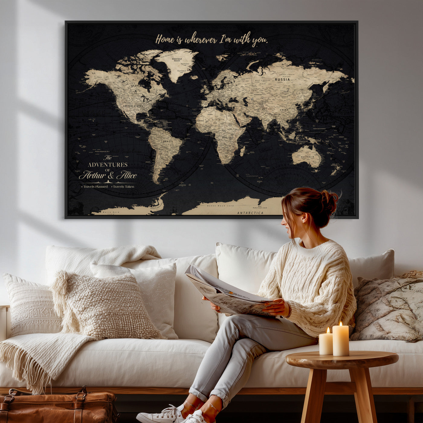 31416046-MGV-CV-36X24 - Custom Push Pin World Map Wall Art Canvas Print – Personalized Travel Tracker with Pins Framed Large for Home and Office Decor