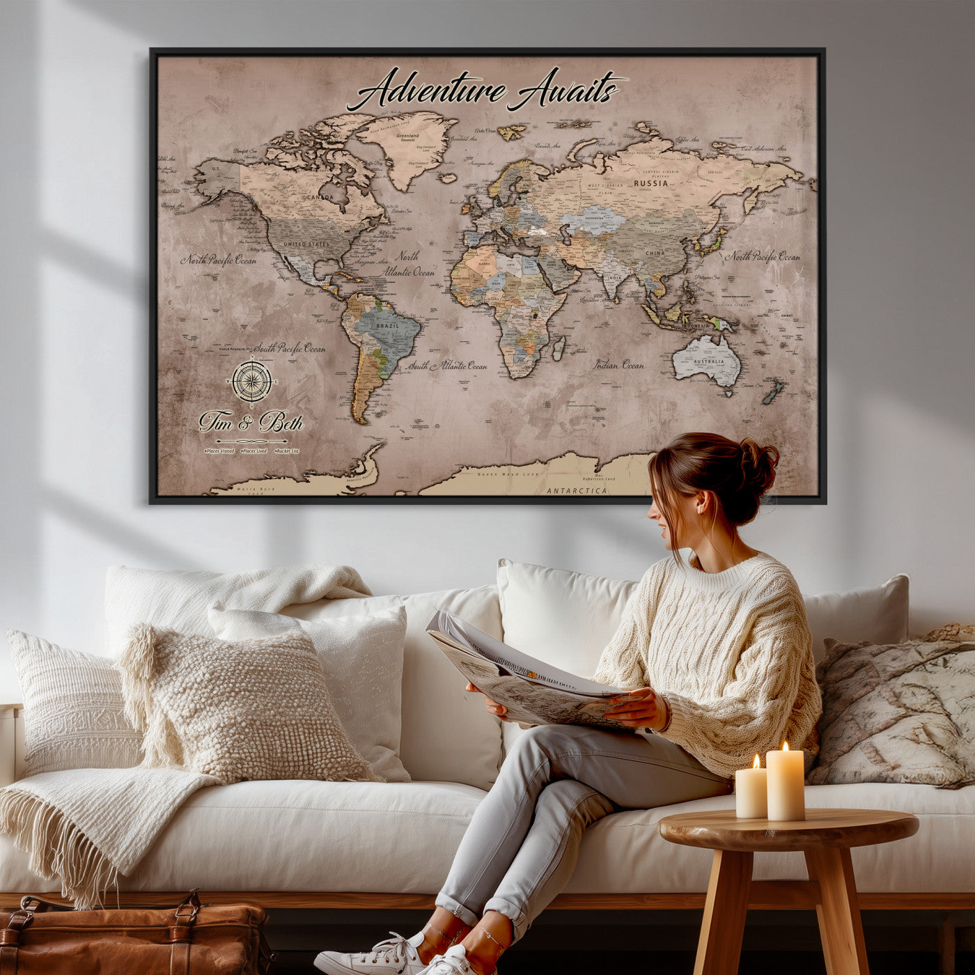 30508877-MGV-CV-36X24 - Custom Push Pin World Map Wall Art Canvas Print – Personalized Travel Tracker with Pins Framed Large for Home and Office Decor
