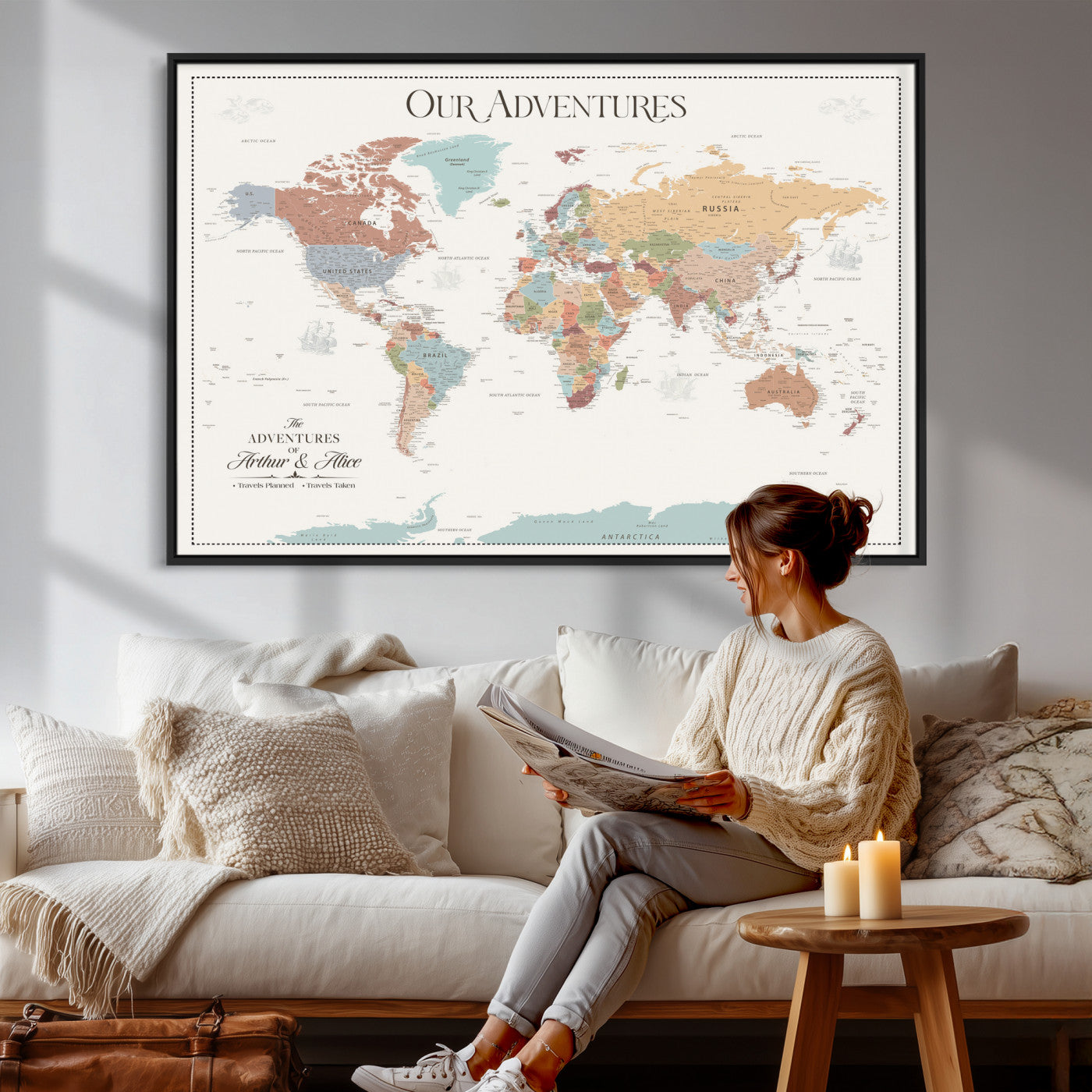 30191756-MGV-CV-36X24 - Custom Push Pin World Map Wall Art Canvas Print – Personalized Travel Tracker with Pins Framed Large for Home and Office Decor