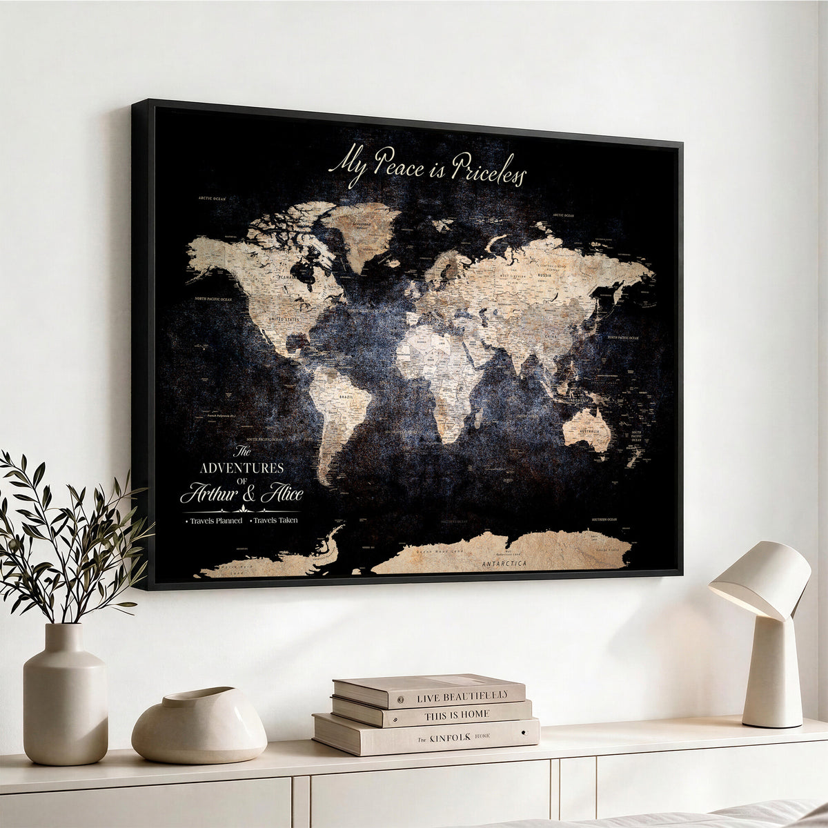 38689152-MGV-CV-36X24 - Personalized Beige World Map Canvas with Push Pins, Couples Countries Visited Map, Study and Hallway Decor