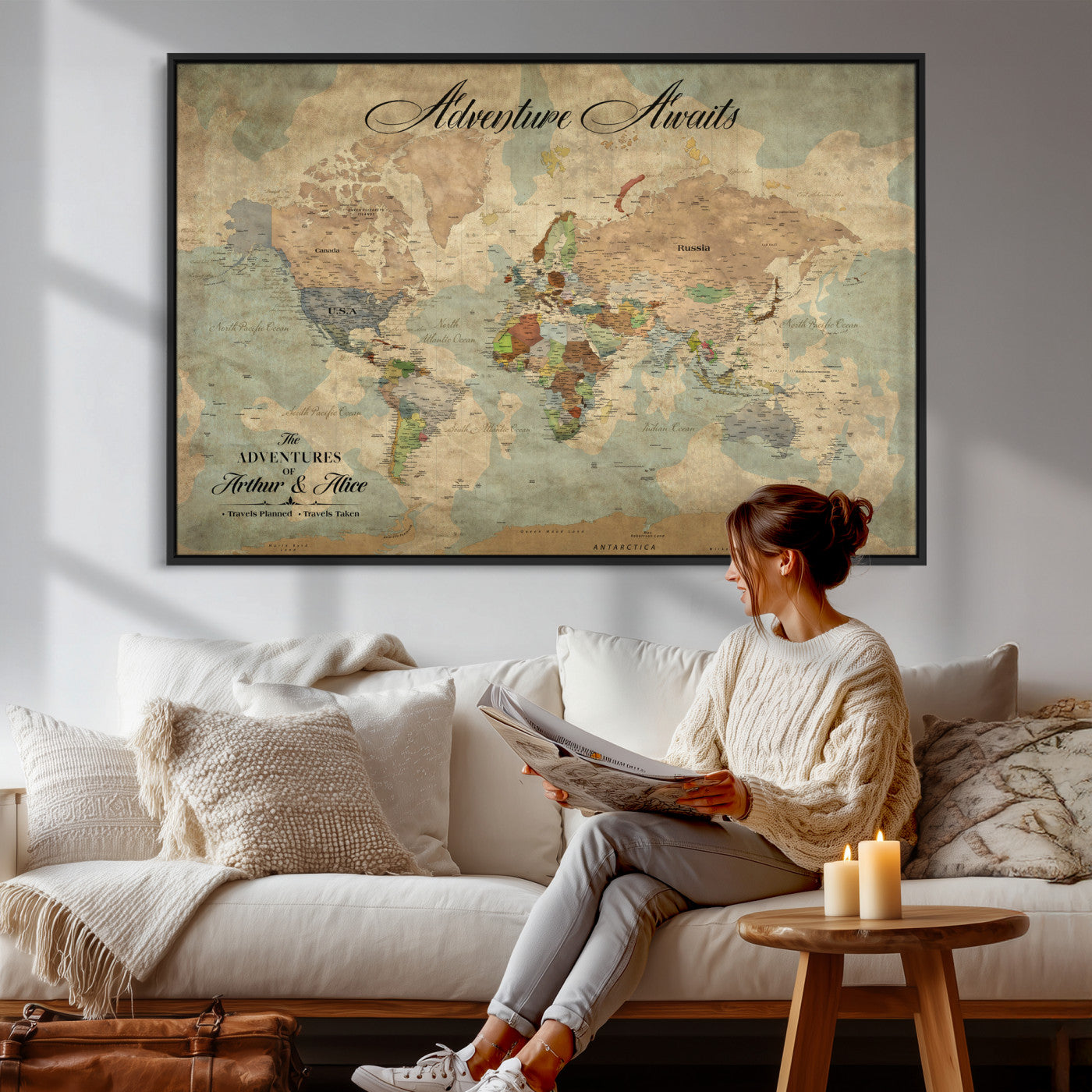 80420159-MGV-CV-36X24 - Custom Push Pin World Map Wall Art Canvas Print – Personalized Travel Tracker with Pins Framed Large for Home and Office Decor