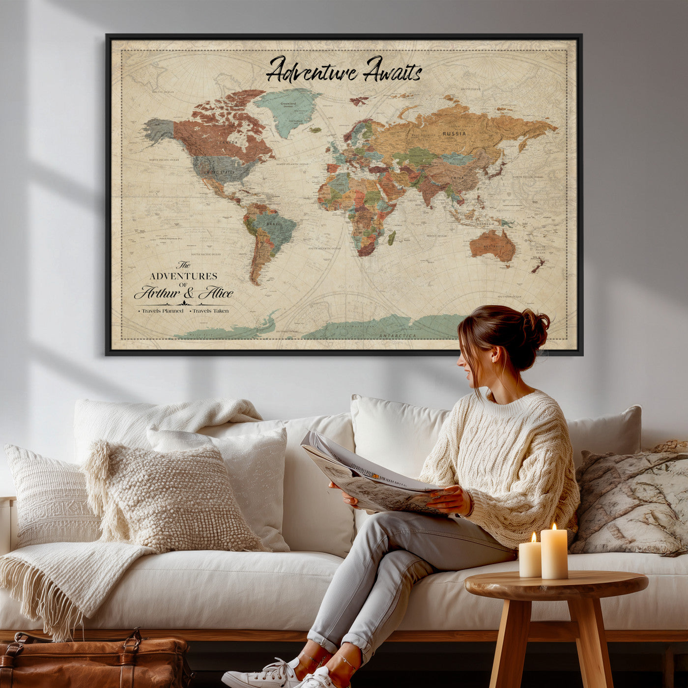 10741176-MGV-CV-36X24 - Custom Push Pin World Map Wall Art Canvas Print – Personalized Travel Tracker with Pins Framed Large for Home and Office Decor