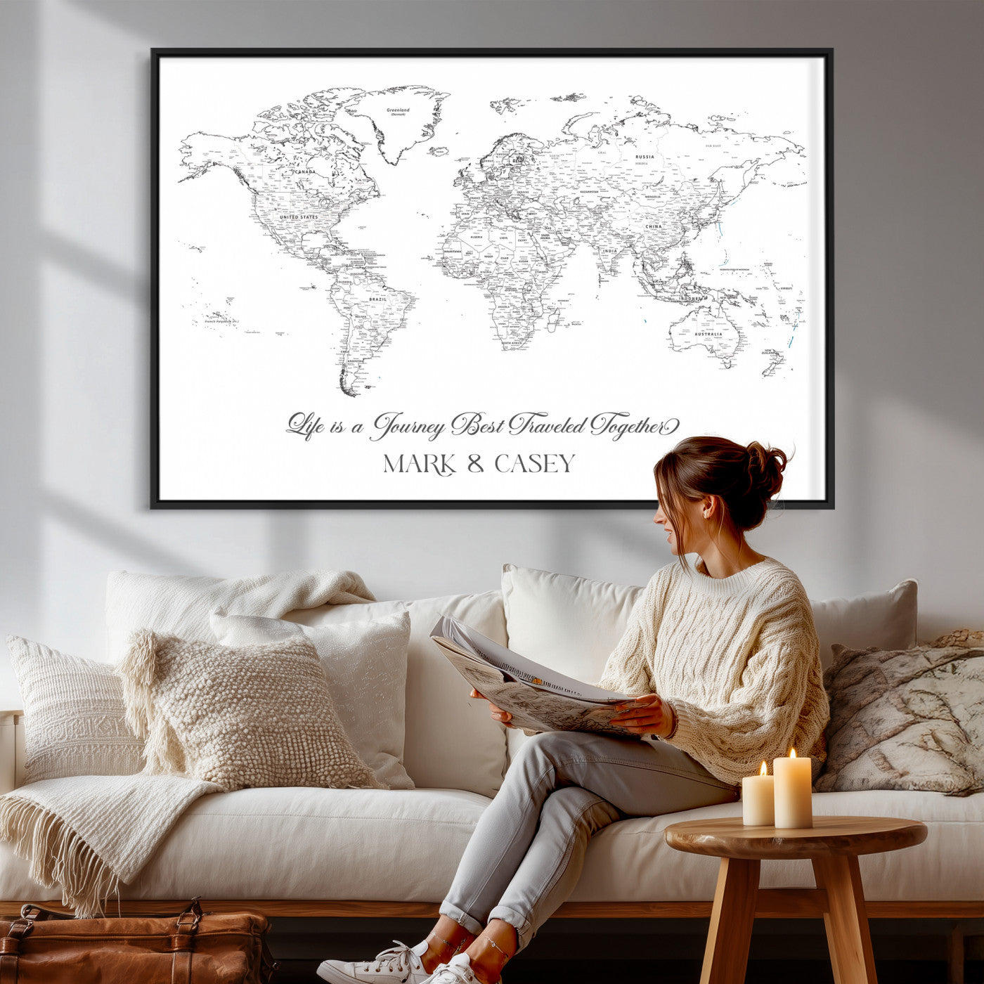 57820424-MGV-CV-36X24 - Custom Push Pin World Map Wall Art Canvas Print – Personalized Travel Tracker with Pins Framed Large for Home and Office Decor