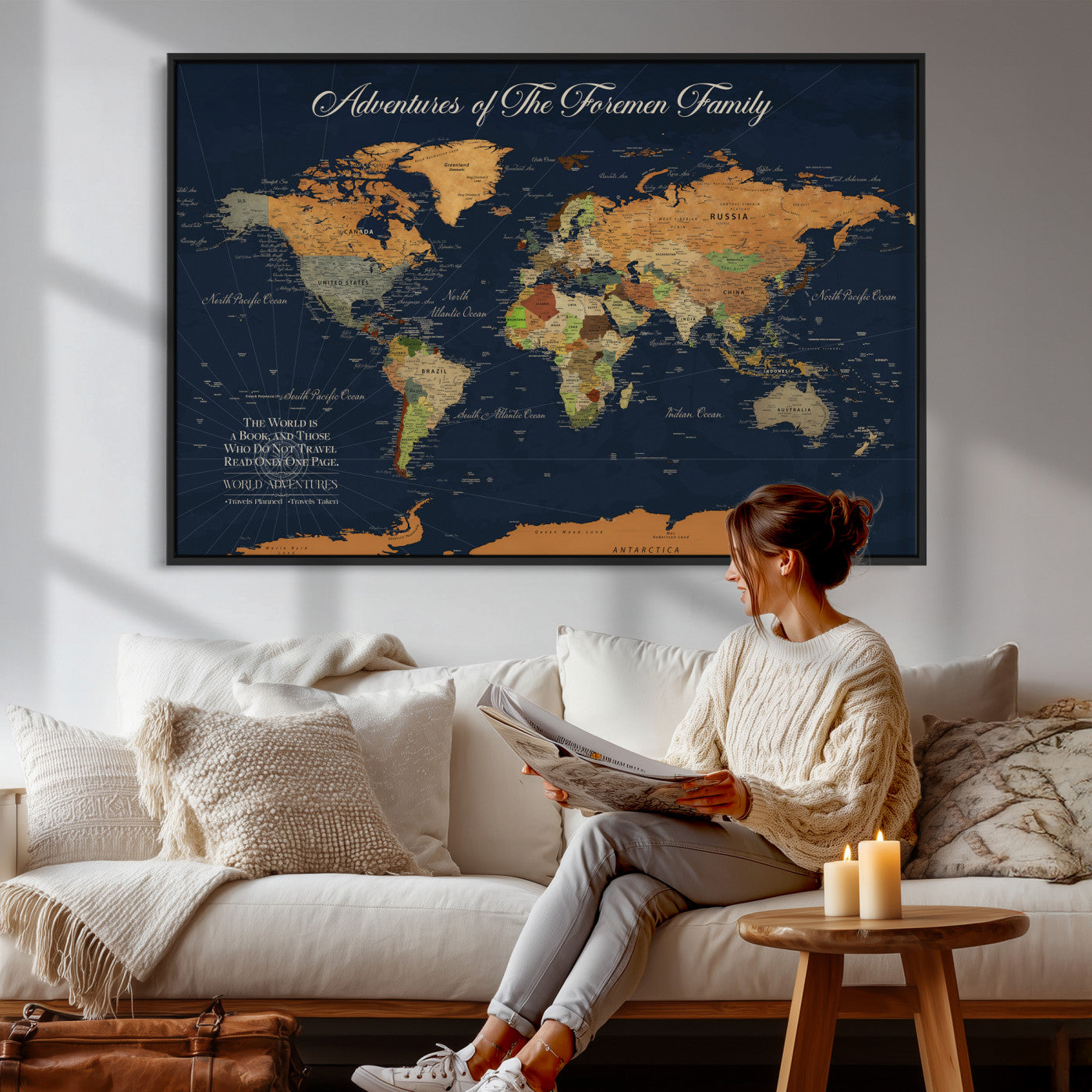 84352304-MGV-CV-36X24 - Custom Push Pin World Map Wall Art Canvas Print – Personalized Travel Tracker with Pins Framed Large for Home and Office Decor