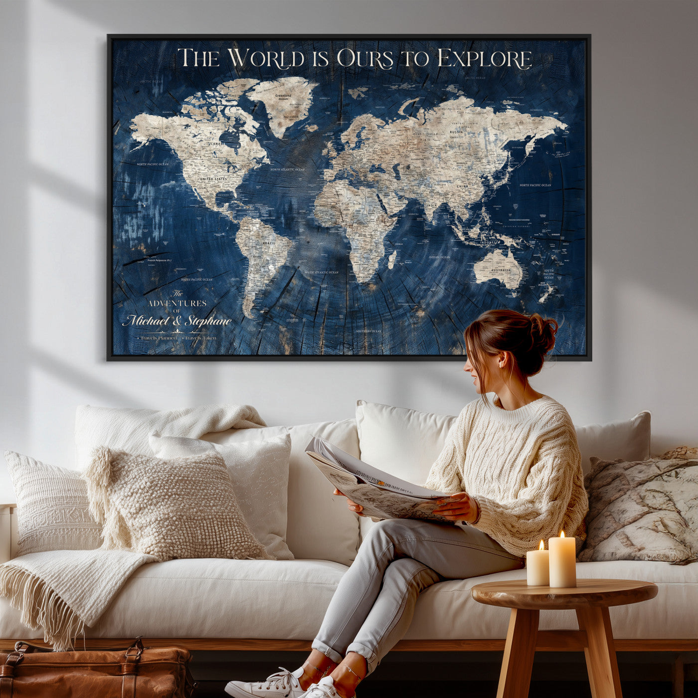 76965912-MGV-CV-36X24 - Custom Push Pin World Map Wall Art Canvas Print – Personalized Travel Tracker with Pins Framed Large for Home and Office Decor