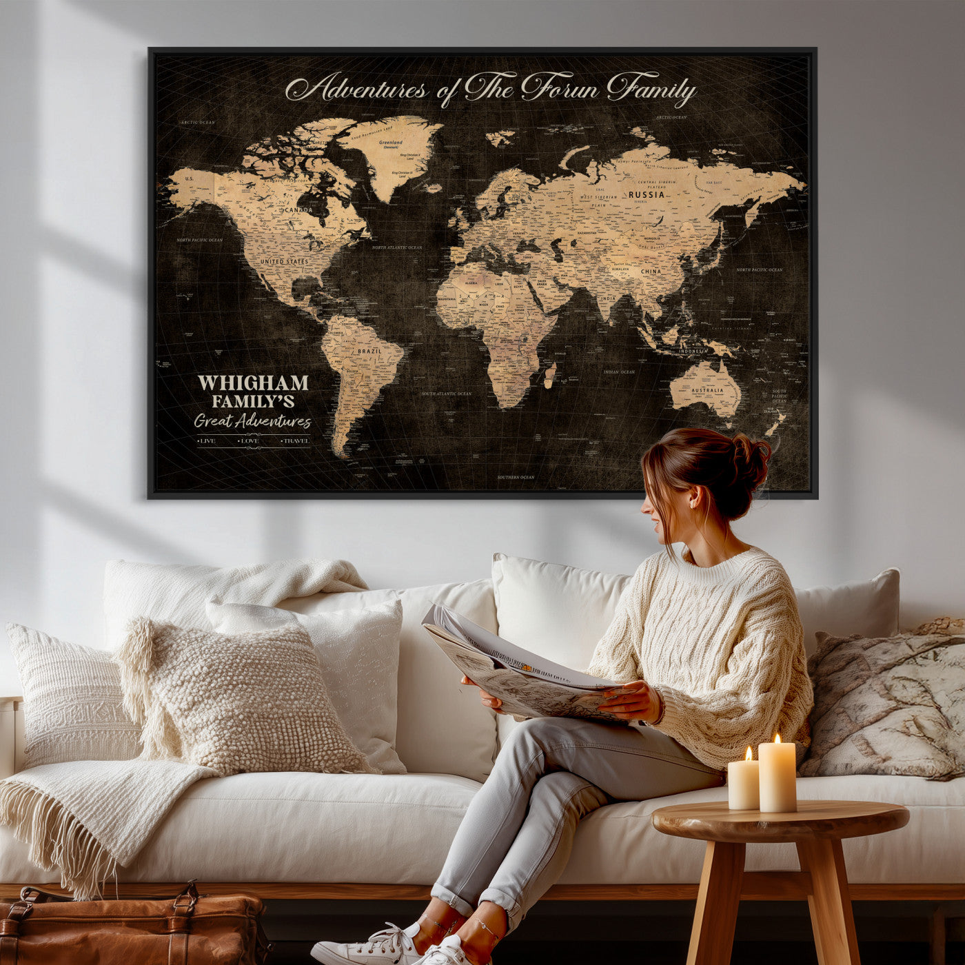 68639184-MGV-CV-36X24 - Custom Push Pin World Map Wall Art Canvas Print – Personalized Travel Tracker with Pins Framed Large for Home and Office Decor