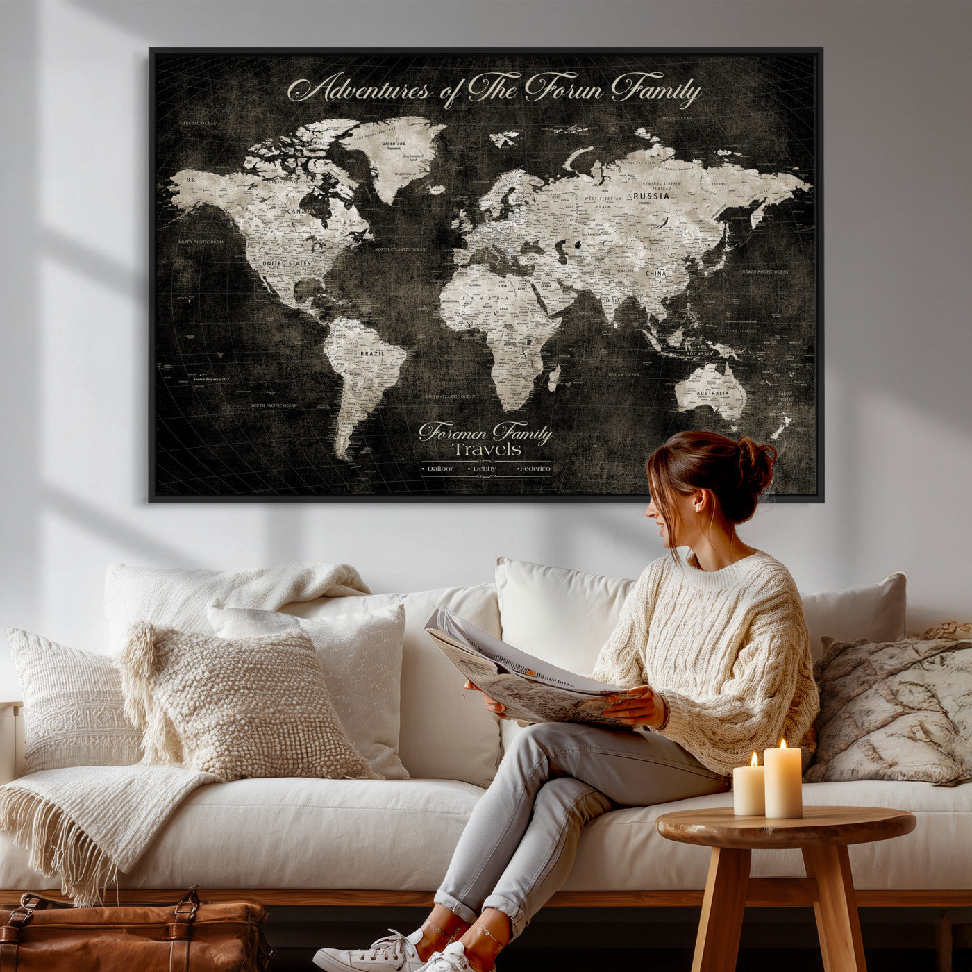73767525-MGV-CV-36X24 - Custom Push Pin World Map Wall Art Canvas Print – Personalized Travel Tracker with Pins Framed Large for Home and Office Decor